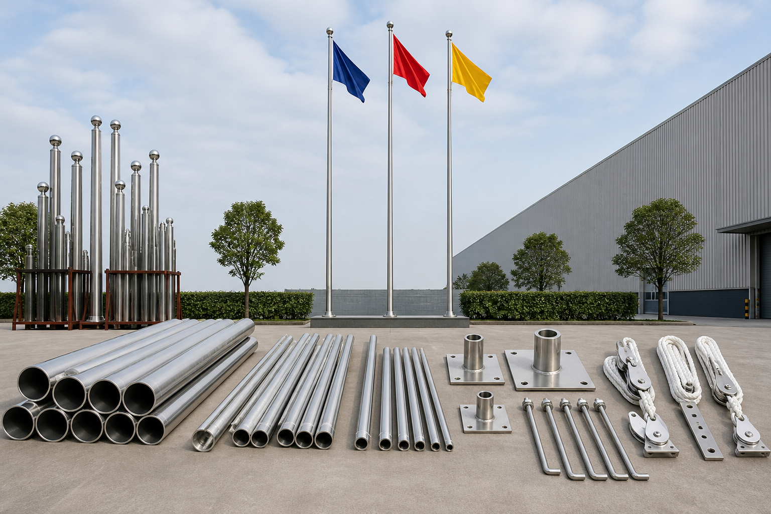Outdoor flagpole sections base plates anchor bolts pulleys and halyard accessories for B2B projects