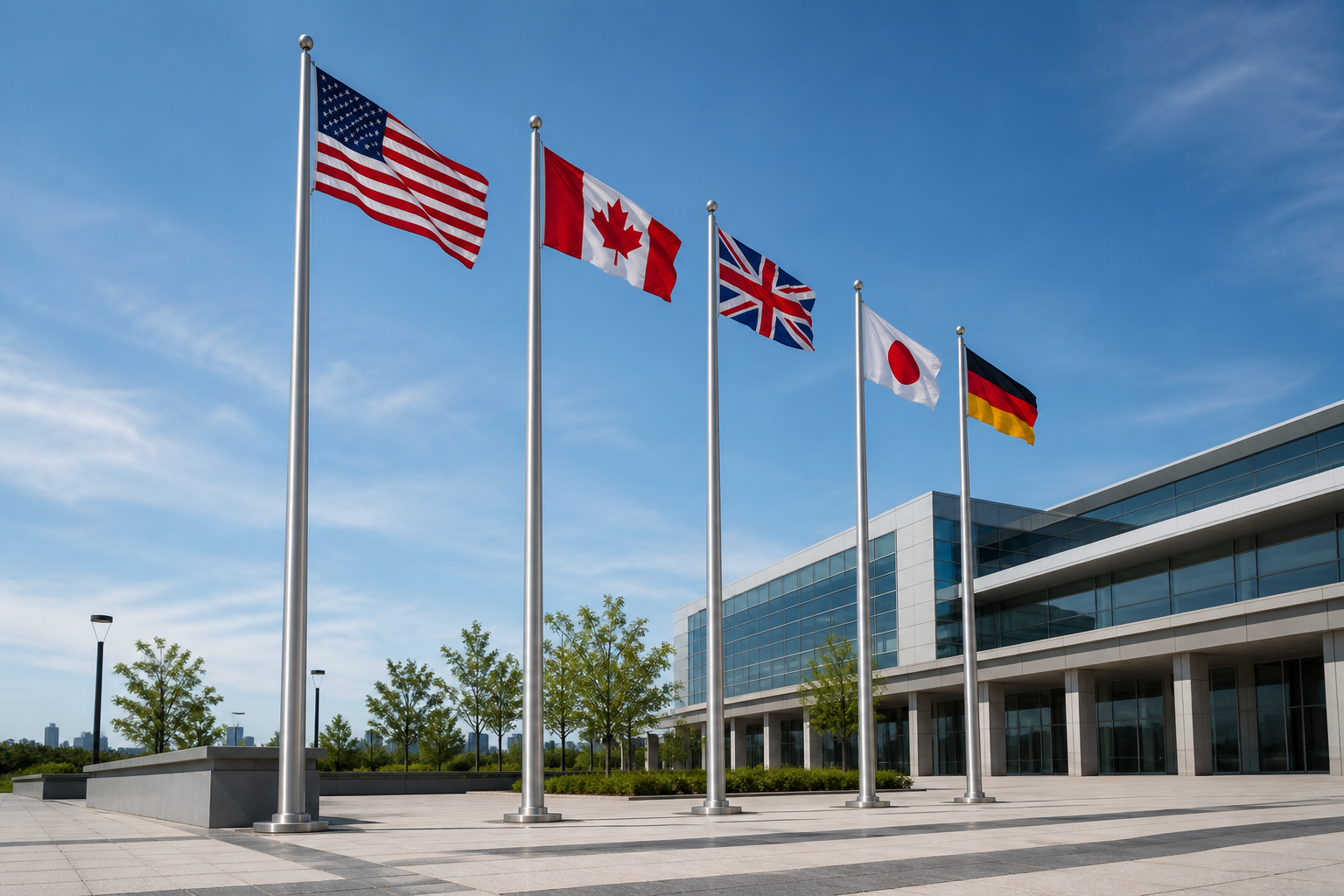 Commercial stainless steel and aluminum flagpoles installed in front of a modern civic building