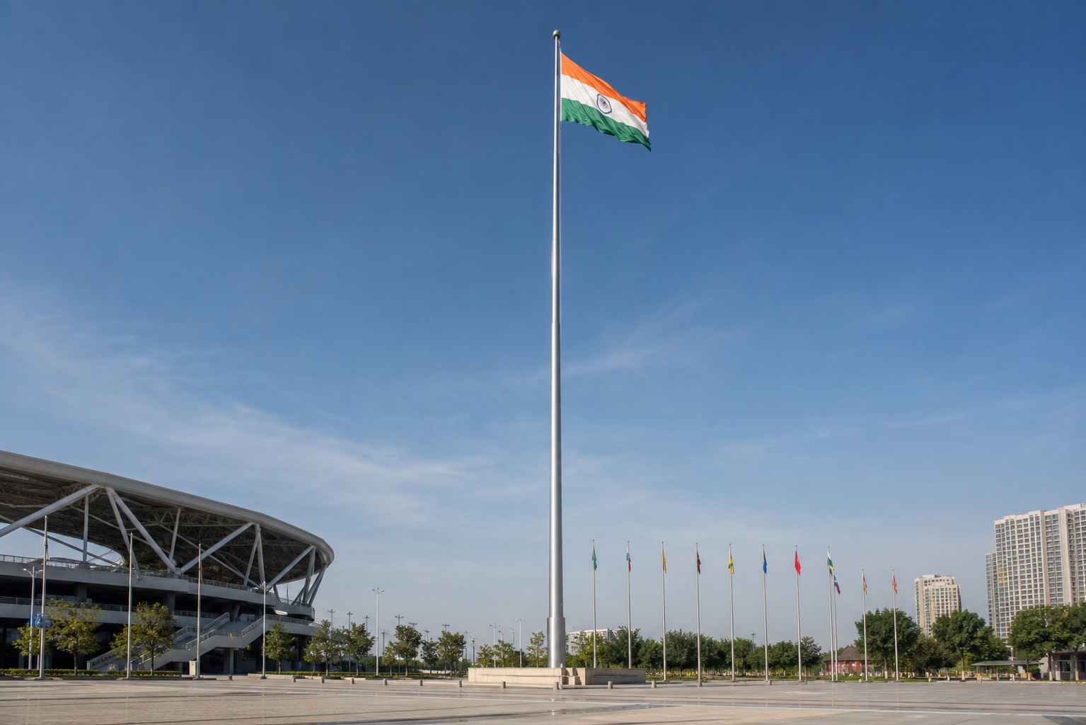 High mast flagpole project for stadium public square and landmark outdoor installation